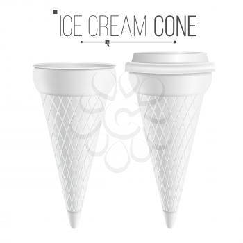 Realistic Ice Cream Cone Blank Vector. White Empty Blank. Ice Cream Cone Package. Food Carton Cone Conus. Isolated Illustration.
