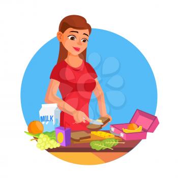 Lunch Box Vector. Young Woman Making Lunch In The Morning. Mother Making Breakfast For Children. Healthy Food. Isolated Flat Cartoon Character Illustration