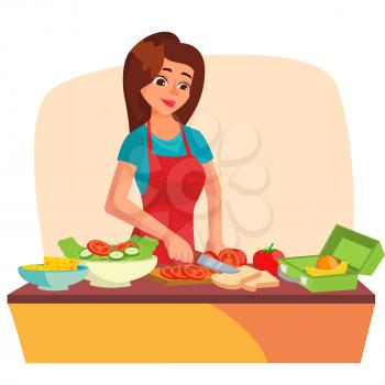 Lunch Box Vector. Classic Lunch Box With Sandwich, Vegetables, Water, Almonds, Fruits. Woman In Kitchen Preparing A Lunch Box. Healthy Food. Isolated On White Cartoon Character Illustration