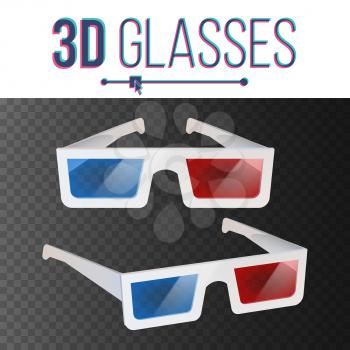 3d Glasses Vector. Red, Blue Stereoscopic. Paper Cinema 3d Object Glasses. Isolated On Transparent Background