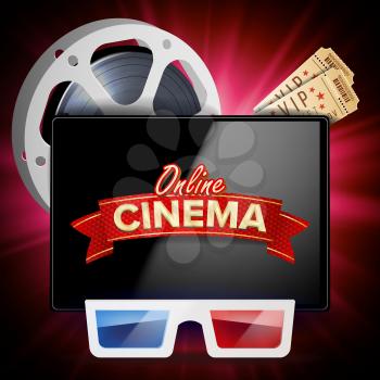 Online Cinema Banner Vector. Realistic Tablet. Popcorn, Drink, Clapping Board. Billboard Marketing Luxury Illustration