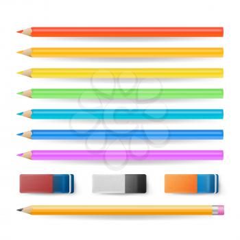 Colored Pencils Isolated Set Vector. Realistic Eraser And School Tools Crayons Isolated On White