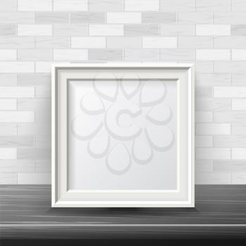 Vertical Square Frame Mock Up Vector. Good For Your Exhibition Design. Realistic Shadows. White Brick Wall Background. Front View