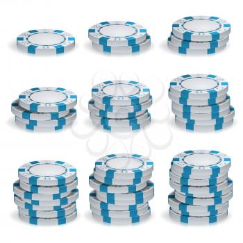 Poker Chips Stacks Vector. 3D Set. Plastic Round Poker Gambling Chips Sign Isolated On White. Casino Jackpot Concept Illustration.
