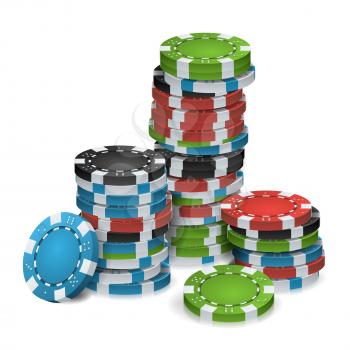 Casino Chips Stacks Isolated Vector. Realistic. White, Red, Black, Blue Green Casino Chips Illustration