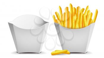 French Fries Vector. White Empty Blank Paper Bag. Fast Food Icons Potato. Empty And Full. Isolated