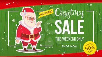 Big Christmas Sale Banner With Happy Santa Claus. Vector. Business Advertising Illustration. Template Design For Web, Flyer, Xmas Card, Advertising.