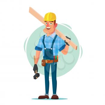 American Builder Vector. Building Timber Frame House. New Home. Roofer On Construction Site. Cartoon Character Illustration