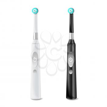 Electric Toothbrush Set Vector. Realistic Classic Tooth Brush Mock Up For Branding Design. Black And White. Isolated