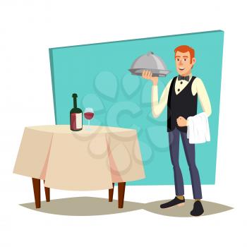 Restaurant Waiter Vector. Classic Waiter Takes The Order. Isolated Flat Cartoon Character Illustration