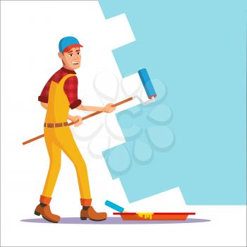 Wall Painter Vector. Worker At Work. Painting Wall. Isolated Flat Cartoon Character Illustration