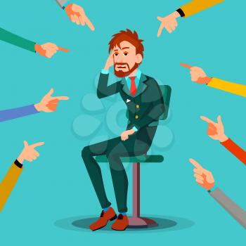 Victim Businessman Vector. Quilt Accusation. Frustrated Employee. A Lot Of Hands With Pointing Finger. Illustration
