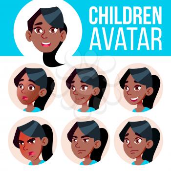 Girl Avatar Set Kid Vector. Black. Afro American. High School. Face Emotions. Flat, Portrait. Cute, Comic Web Head Illustration