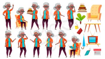 Old Woman Poses Set Vector. Black. Afro American. Elderly People. Senior Person. Aged. Caucasian Retiree. Smile. Web, Poster Booklet Design Isolated Cartoon Illustration