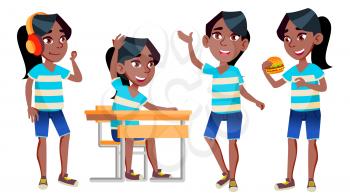 Girl Schoolgirl Kid Poses Set Vector. Black. Afro American. High School Child. Classmate. Teenager, Classroom, Room. For Postcard, Announcement Cover Design Isolated Cartoon Illustration