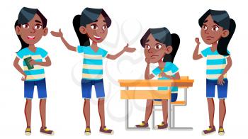 Girl Schoolgirl Kid Poses Set Vector. Black. Afro American. High School Child. Teenage. Book, Workspace, Board. For Advertisement, Greeting Announcement Design Isolated Cartoon Illustration