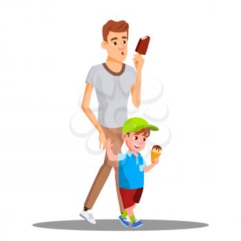 Father And Son Enjoy Eating Ice Cream Vector. Illustration