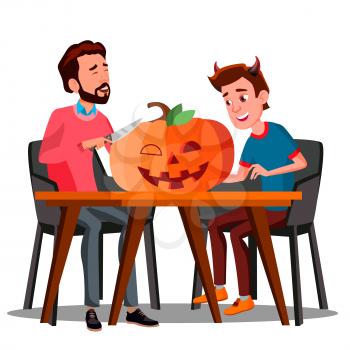 Father And Son Making A Pumpkin For Halloween Vector. Halloween Illustration
