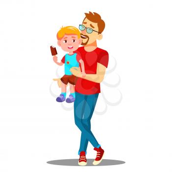 Father And Son Enjoy Eating Ice Cream Vector. Illustration
