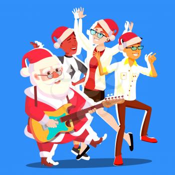 Santa Claus Dancing With Group Of People And Guitar In Hands. Happy People Having Fun Dancing. Christmas Party Vector Illustration