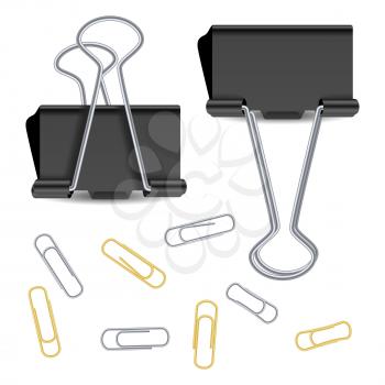 Small Binder Clips Vector Isolated On White. Realistic Paper Clip