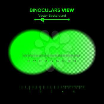Binoculars View Vector. Illustration Of Binoculars Night Green View Isolated On Transparent Background. Soft Edges, Crosshair. Search Concept, Vision