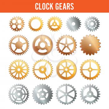 Vector Clock Gears. Metal Icons Isolated On White. Silver, Gold, Bronze