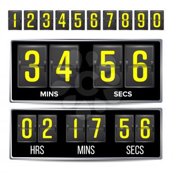 Flip Countdown Timer Vector. Black Flip Scoreboard Digital Timer Template. Hours, Minutes, Seconds. Isolated