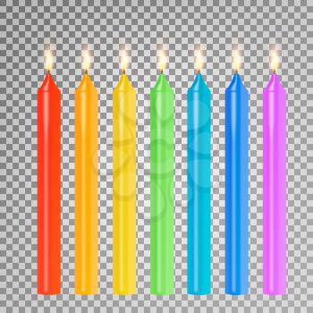 Burning 3D Realistic Dinner Candles Vector. Birthday Cake Candles. Burning Flames