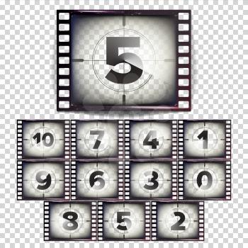 Movie Tape Countdown Vector. Monochrome Brown Grunge Film Strip. From Ten To Zero. Isolated On Transparent Background Illustration