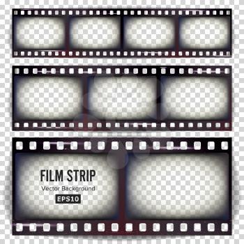 Film Strip Vector. Set Realistic Frame Blank Scratched Isolated On Transparent Background.