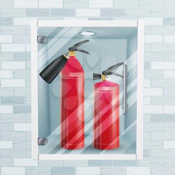 Fire Extinguisher In Brick Wall Niche Vector. Metal Glossiness 3D Realistic Red Fire Extinguisher Illustration