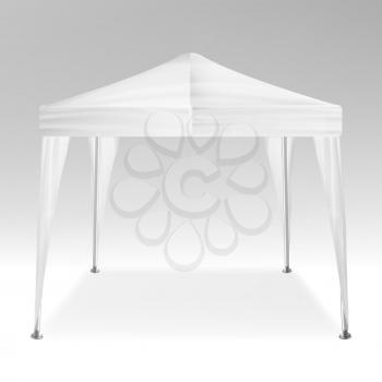White Folding Tent Mockup Vector. Promotional Outdoor Event Trade Show Pop-Up Tent Mobile Marquee, Template. Product Advertising
