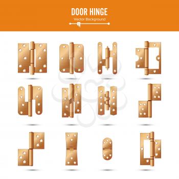 Door Hinge Vector. Set Classic And Industrial Ironmongery Isolated On White Background. Simple Entry Door Metal Hinge Icon. Copper. Stock Illustration.