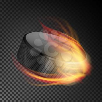 Realistic Ice Hockey Puck In Fire. Burning Hockey Puck On Transparent Background. Vector