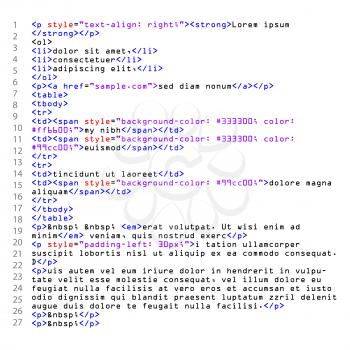 HTML Simple Code Vector. Colorful Abstract Program Tags In Developer View. Screen Of Colored Lighted Syntax Of Source Code