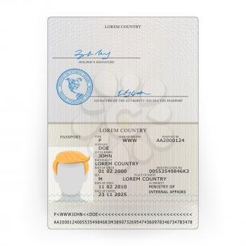 International Passport Vector. Opened Passport Page Blank Template. Identification Document. Business, Tourism Concept.
