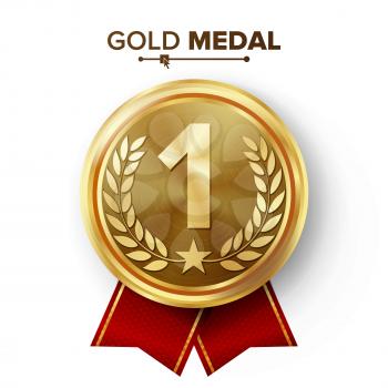 Gold 1st Place Medal Vector. Metal Realistic Badge With First Placement Achievement. Round Label With Red Ribbon, Laurel Wreath, Star. Winner Honor Prize.