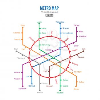 Metro Map Vector. City Transportation Scheme Concept. Colorful Background With Stations.