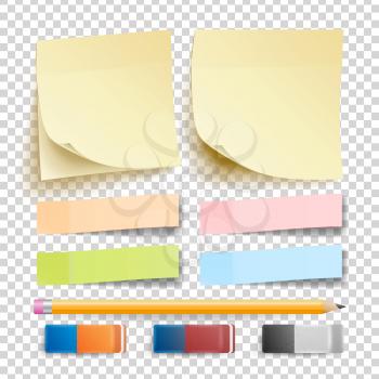 Post Note Sticker Vector. Isolated Set. Eraser And Pencil. Good For Advertising Design. Rainbow Memory Pads. Realistic