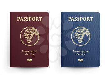 Passport With Map. Africa. Realistic Vector Illustration. Red And Blue Passports With Globe. International Identification Document. Front Cover