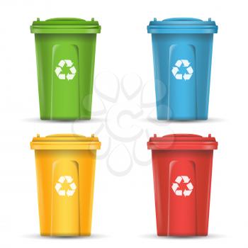 Colorful Recycle Trash Bins Vector. Set Of Realistic Red, Green, Blue, Yellow Container Buckets. Isolated On White Background