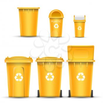 Yellow Recycling Bin Bucket Vector For Plastic Trash. Opened And Closed. Front View. Sign Arrow.
