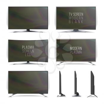 Screen Lcd Plasma Vector. Television Set. Curved and Flat TV screen lcd, plasma. Two Sides. Isolated On White Background. Realistic