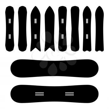Snowboard Icons Set Vector. Black And White. Different Types. Isolated Snowboards