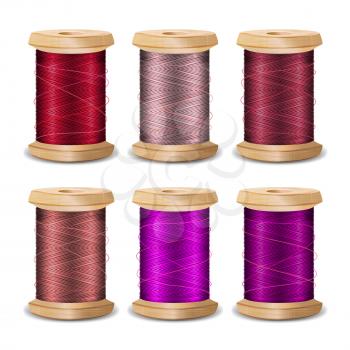Thread Spool Set. Bright Old Wooden Thread Spool Bobbin. Isolated On White Background For Needlework And Needlecraft. Stock Vector Illustration