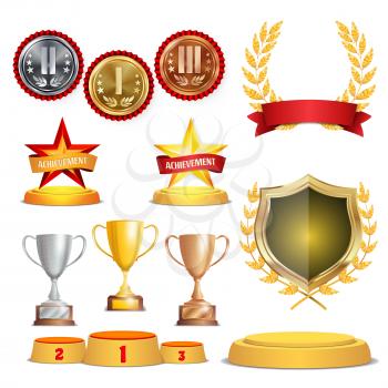 Trophy Awards Cups, Golden Laurel Wreath With Red Ribbon And Gold Shield. Realistic Golden, Silver, Bronze Achievement Medals. Sports Placement Podium. Isolated Vector