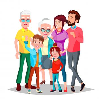 Family Vector. Full Family. Portrait. Dad, Mother, Kids, Grandparents Poster Advertising Template Isolated Cartoon Illustration