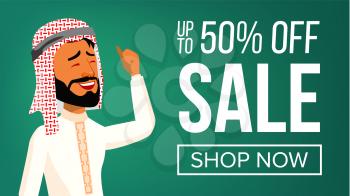 Arab Man Banner Vector. Traditional Cloths. Express Emotions. Presenting. For Advertisement, Greeting, Announcement Design Illustration