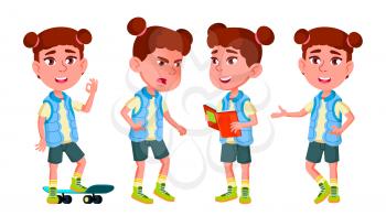 Girl Kindergarten Kid Poses Set Vector. Kiddy, Child Expression. Junior. For Postcard, Cover, Placard Design. Isolated Illustration
